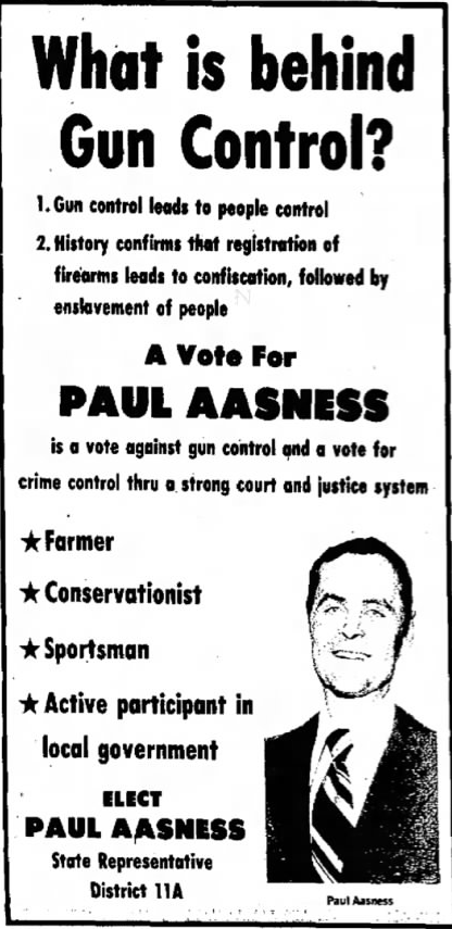 Print advertisement for Paul Aasness' 1976 campaign for HD 11A.