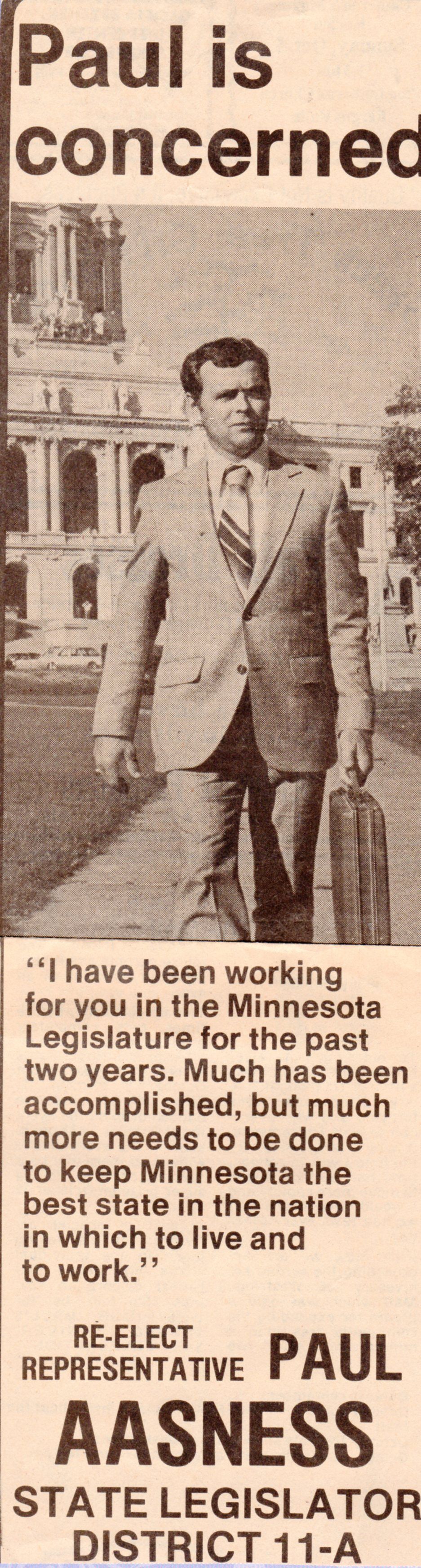 Print advertisement for Paul Aasness' 1978 reelection campaign to HD 11A.