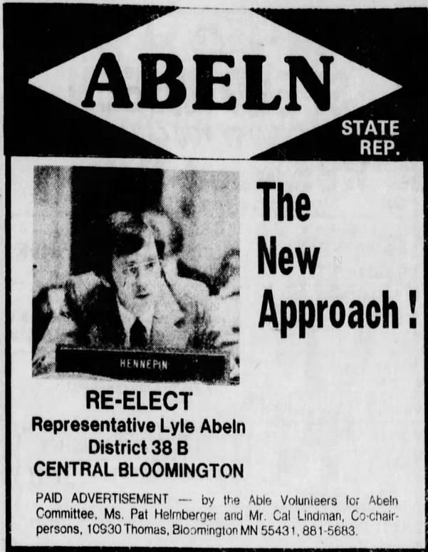 Print advertisement for Lyle Abeln's 1978 general election campaign for HD 38B.