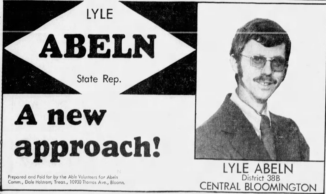 Print advertisement for Lyle Abeln's 1974 general election campaign for HD 38B.