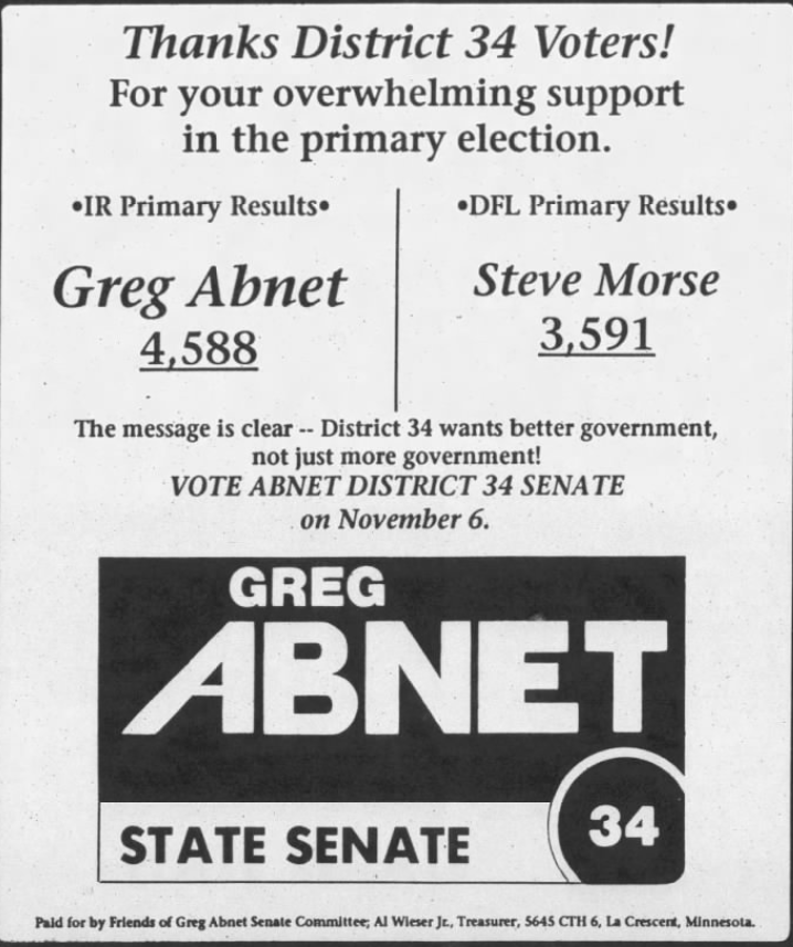 Print advertisement for Greg Abnet's 1990 general election campaign for SD 34.