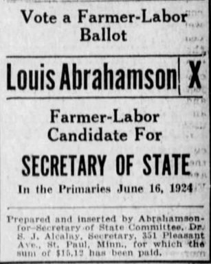 Print advertisement for Louis Abrahamson's 1924 Farmer-Labor primary campaign for Secretary of State.