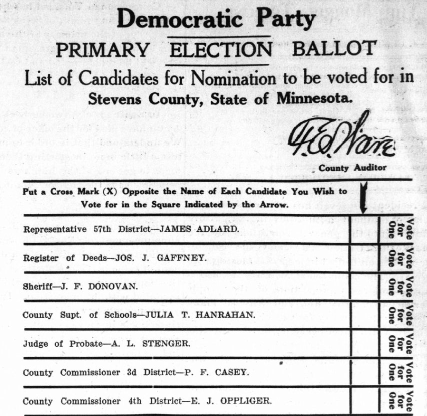 1908 Stevens County Primary Election Ballot.