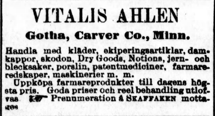 Print advertisement of Vitalis Ahlen's general store.