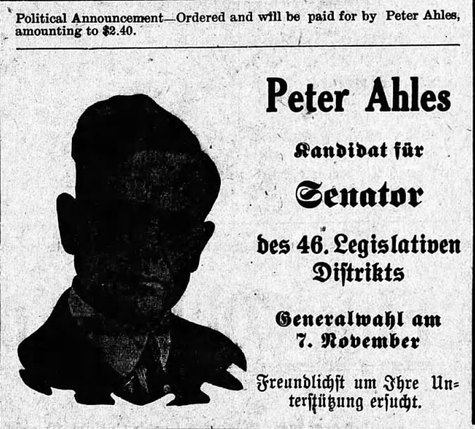 Print advertisement for Peter Ahles' 1922 general election campaign for SD 46.