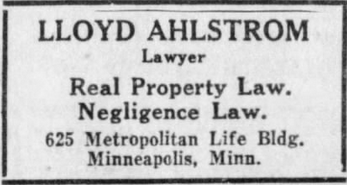 Business advertisement for Lloyd Ahlstrom's law practice.