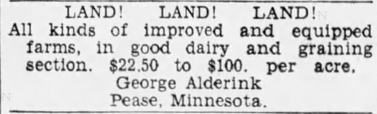 George Alderink newspaper advertisement of farm for sale