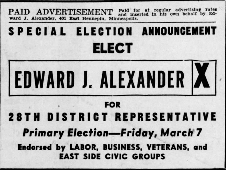 Campaign advertisement for Edward J. Alexander