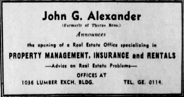 Print advertisement of John G. Alexander real estate office.