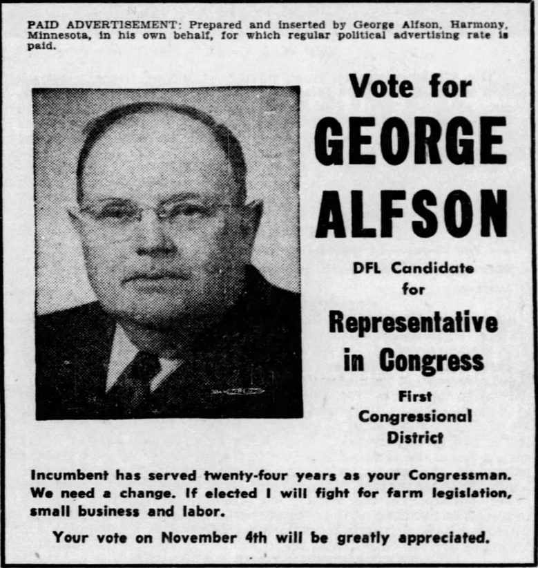 Newspaper advertisement for George Alfson's 1952 1st CD general election campaign.