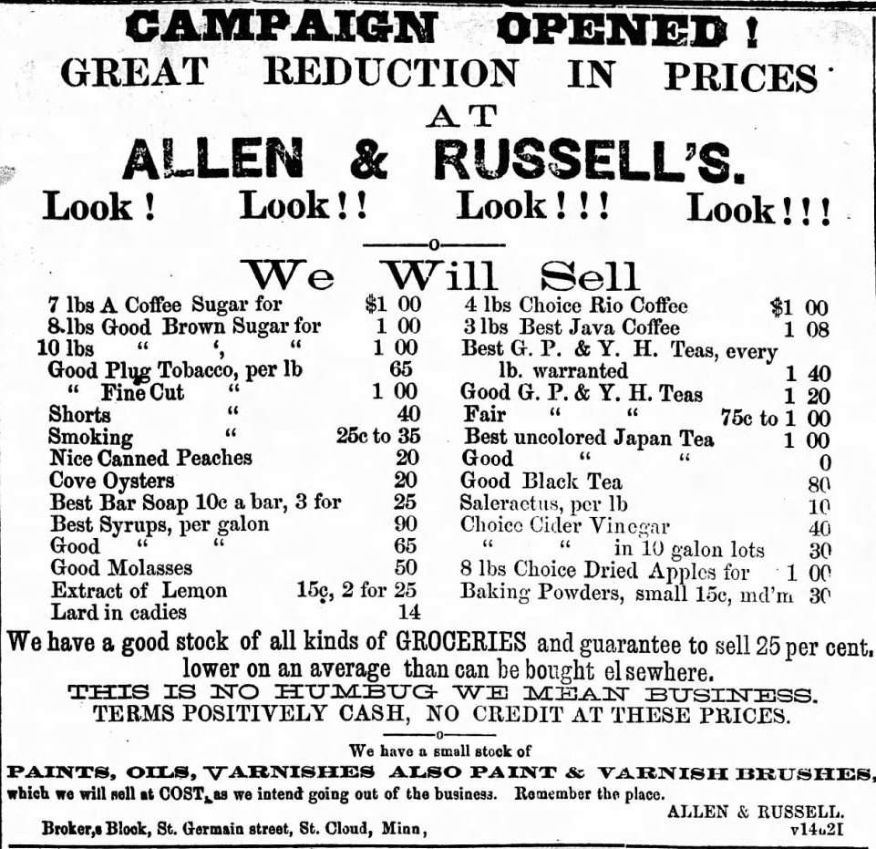 Print advertisement for Allen Alanson's general store.