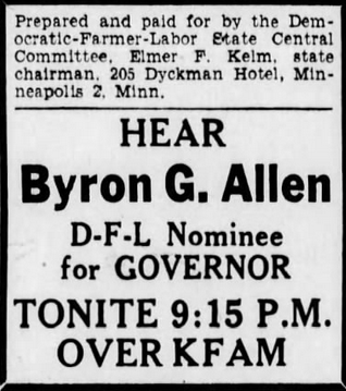 Print advertisement for Byron G. Allen's radio speech.