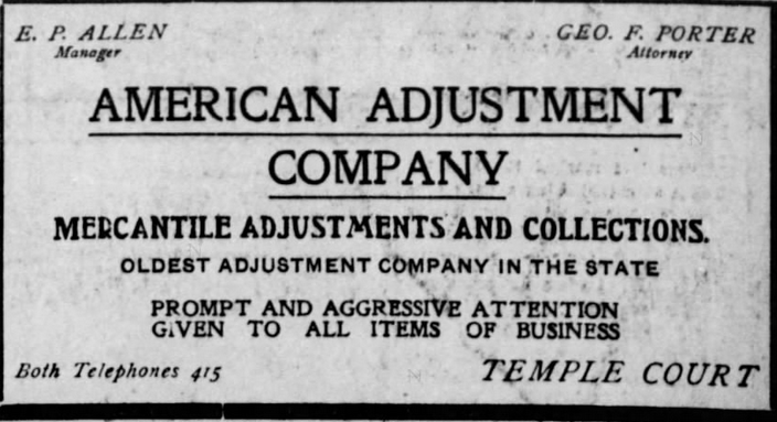 Print advertisement of E.P. Allen's adjustment company.