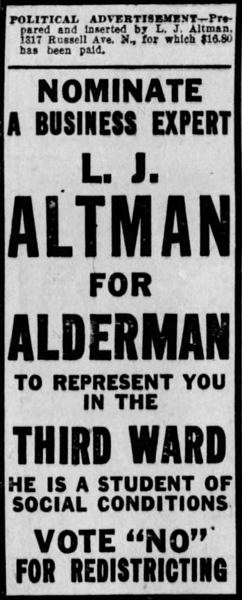 Print advertisement for Louis Altman's 1923 Minneapolis Alderman campaign.