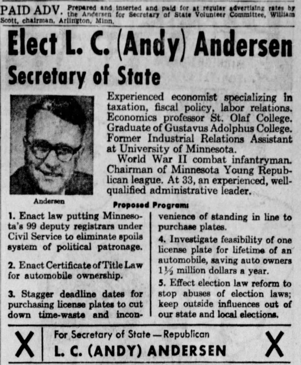 Print advertisement for Andy Andersen's Secretary of State campaign.