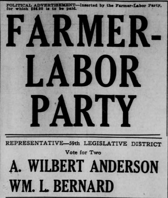 Farmer-Labor 1922 ticket advertisement.
