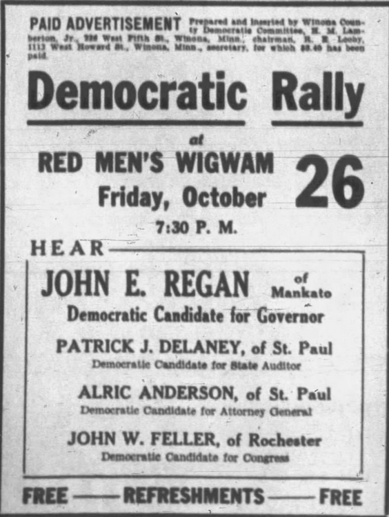 Print advertisement for 1934 an Alric Anderson campaign event.