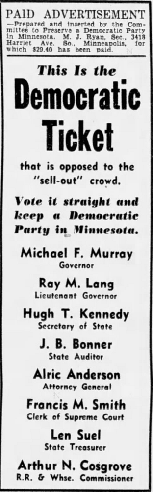 Print advertisement for 1938 Democratic Party statewide ticket.