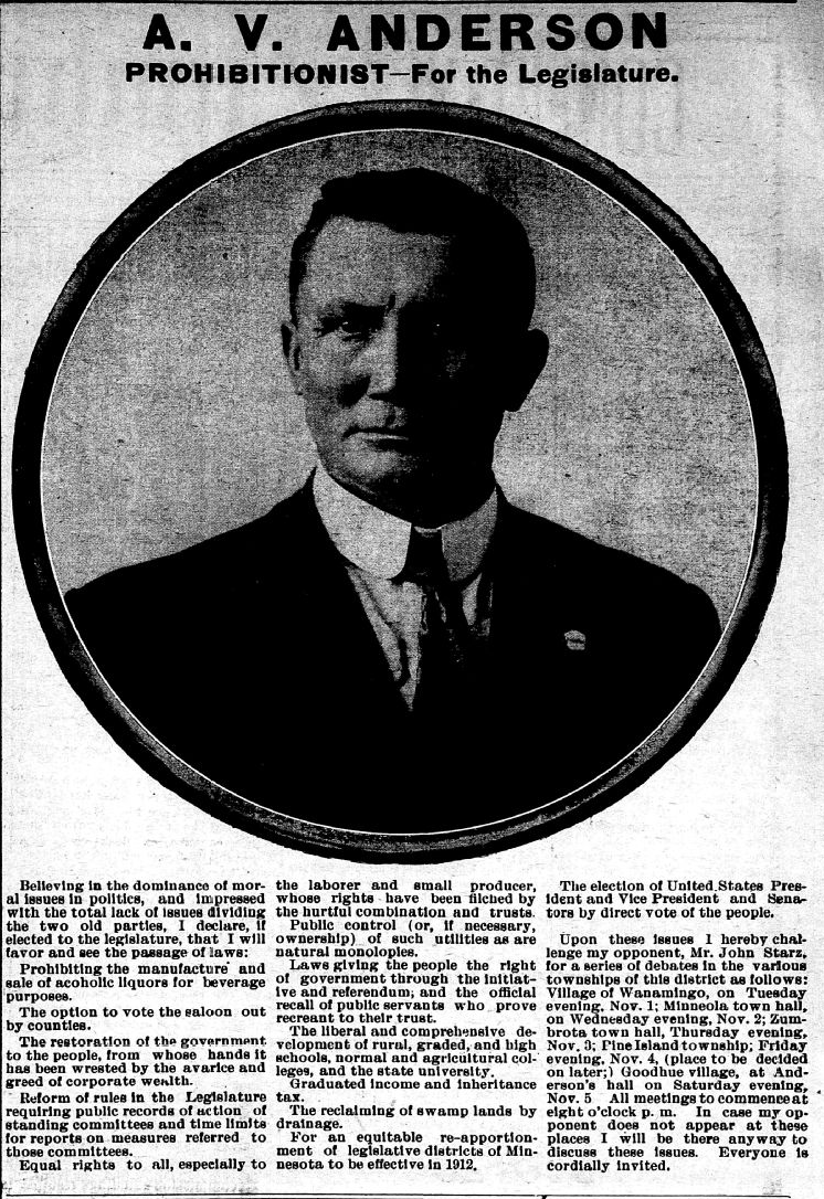 Print advertisement for Anton V. Anderson's 1910 general election campaign for HD 29.