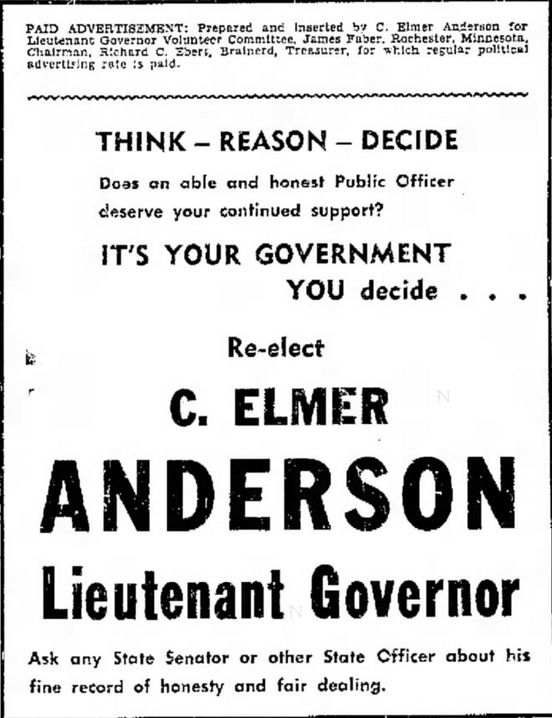 Print campaign advertisement for C. Elmer Anderson's 1950 gubernatorial primary campaign.