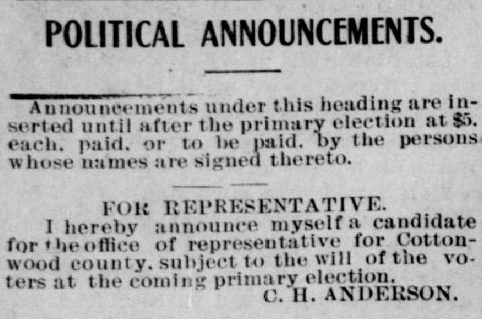 Announcement of 1912 A.H. Anderson candidacy for state Representative.