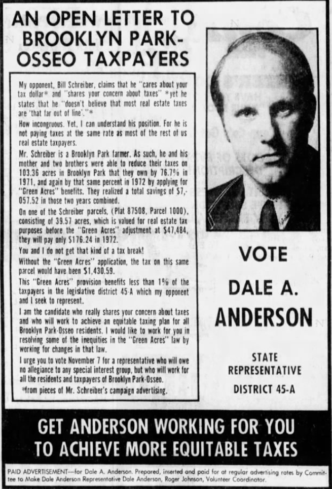 Print advertisement for Dale A. Anderson's 1972 state House campaign.