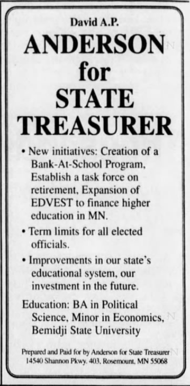 Print advertisement for David A.P. Anderson's 1998 GOP primary campaign for Treasurer.