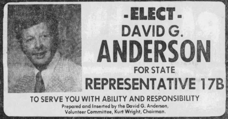 Print advertisement for David G. Anderson's 1972 primary campaign for HD 17B.