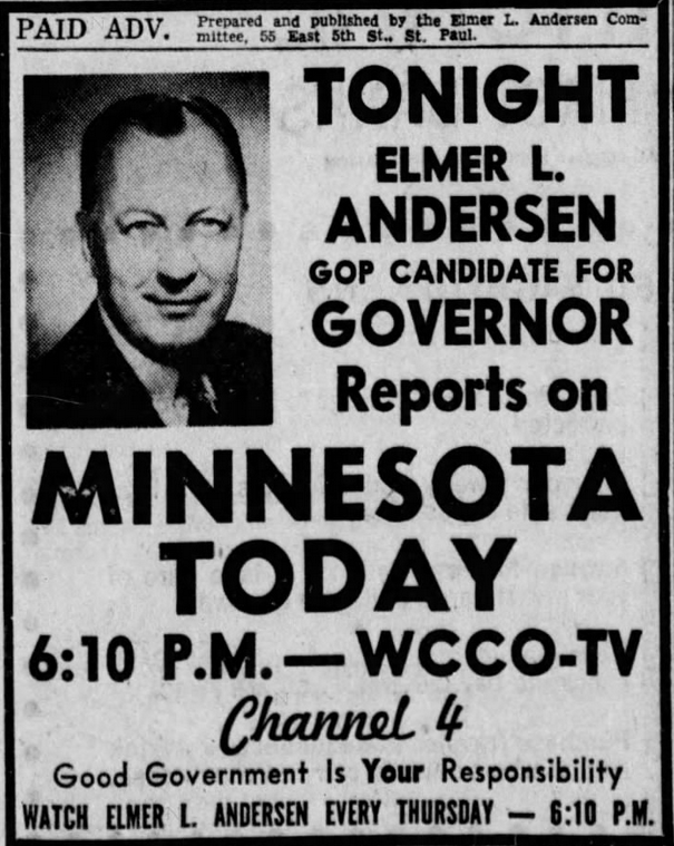 Print campaign advertisement for Elmer L. Andersen's 1960 gubernatorial Republican primary campaign..