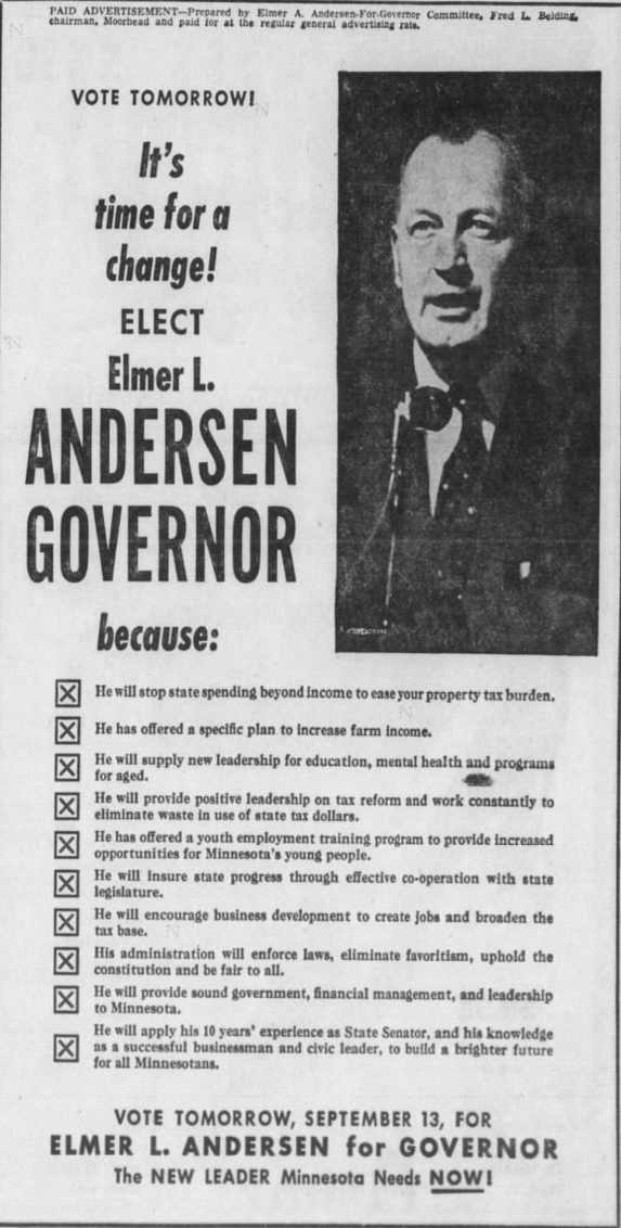 Print campaign advertisement for Elmer L. Andersen's 1960 gubernatorial Republican primary campaign.