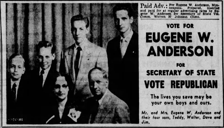 Print advertisement for Eugene P. Anderson's 1954 GOP primary campaign for Secretary of State.
