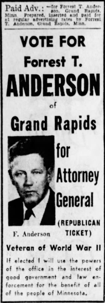 Print advertisement for Forrest T. Anderson's 1954 Republican primary campaign for Attorney General.