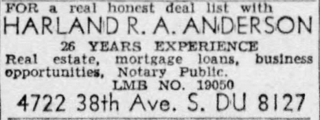 Print advertisement for Harland R.A. Anderson's real estate business.