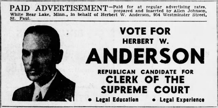 Print advertisement for Herbert W. Anderson's Republican primary campaign for Clerk of the Supreme Court.