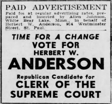 Print advertisement for Herbert W. Anderson's Republican primary campaign for Clerk of the Supreme Court.