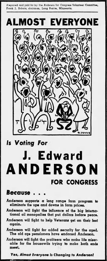 Print advertisement for Edward J. Anderson's 6th Congressional District 1946 general election campaign.