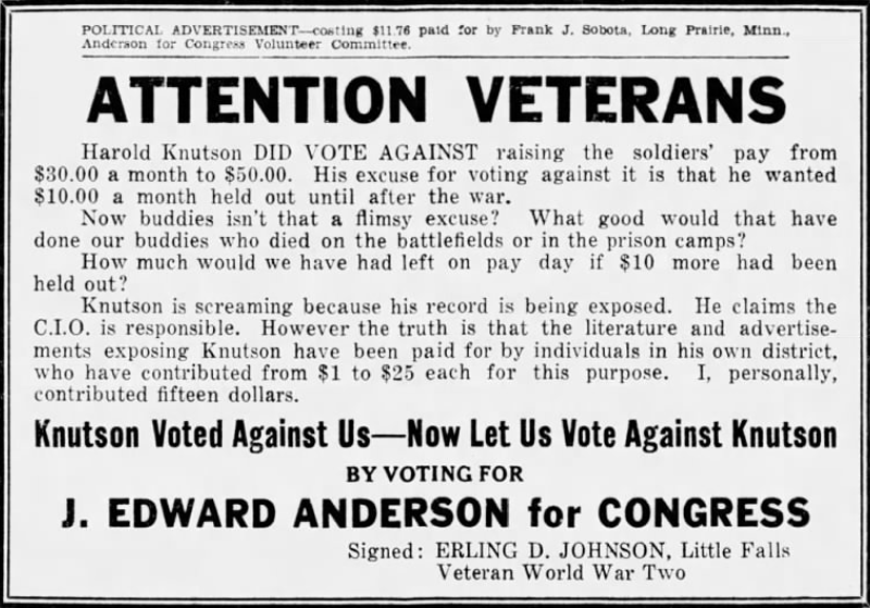 Print advertisement for Edward J. Anderson's 6th Congressional District 1946 general election campaign.