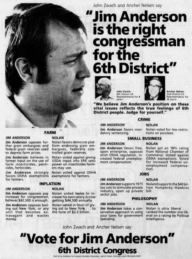 Print advertisement for Jim Anderson's 1976 8th Congressional District general election campaign.