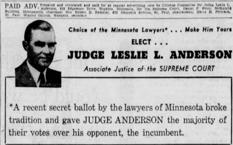 Print advertisement for Leslie L. Anderson's 1956 general election campaign for Associate Justice of the Supreme Court