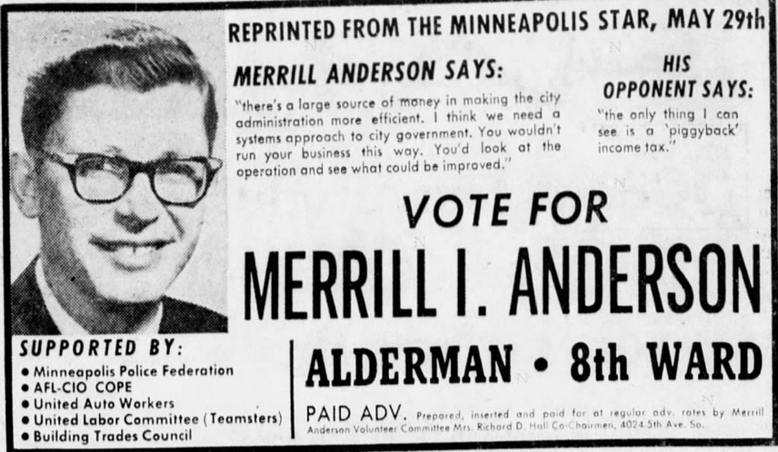 Print advertisement for Merrill I. Anderson's 1969 general election campaign for Minneapolis Alderman (8th Ward).