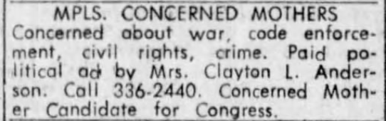 Print advertisement for Mrs. Clayton L. Anderson's 1968 DFL 5th CD primary campaign.