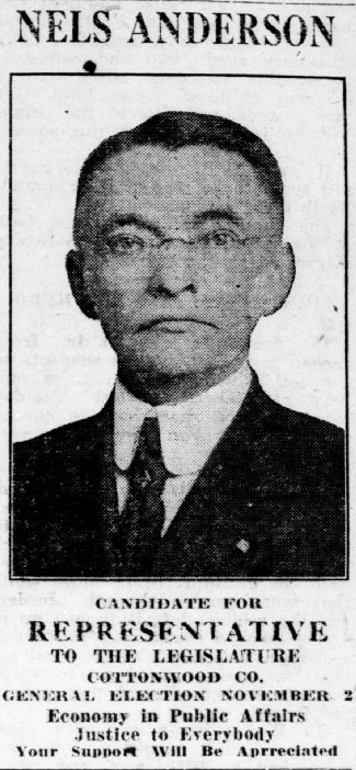 Print advertisement for Nels Anderson's 1920 10th HD general election campaign.