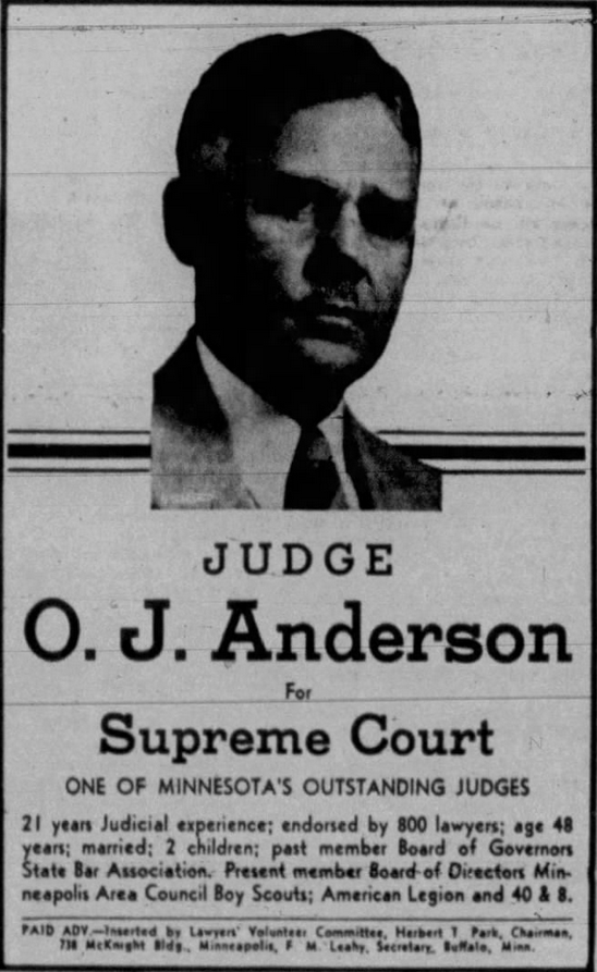 Print advertisement for O.J. Anderson's 1942 Associate Justice of the Supreme Court general election campaign.