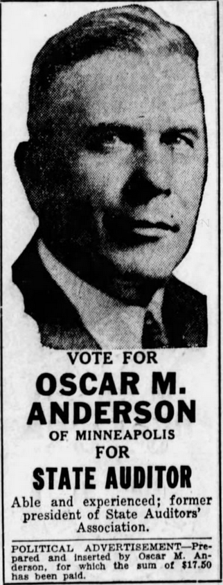 Print advertisement for Oscar M. Anderson's 1930 Republican primary campaign for Auditor.