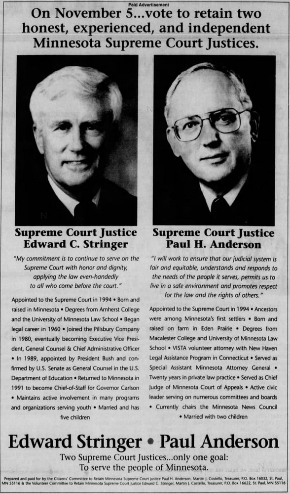 Paid joint advertisement for 1996 Associate Justice of the Supreme Court general election campaigns for Paul Holden Anderson and Edward C. Stringer.