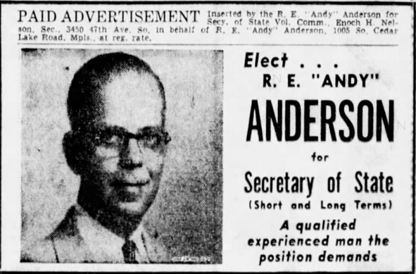 Print advertisement for R.E. Anderson's 1952 Secretary of State Republican primary and special primary campaigns.