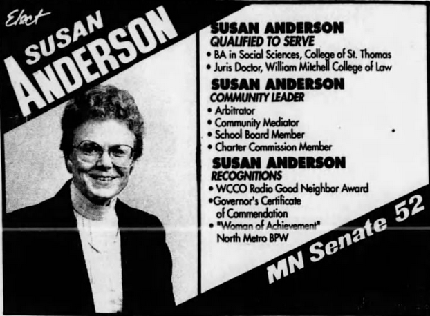 Print advertisement for Susan Anderson's 1990 SD 52 general election campaign.