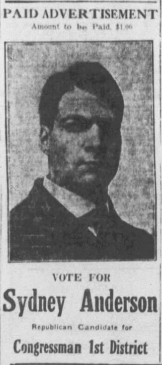 Print advertisement for Sydney Anderson's 1914 1st CD general election campaign.