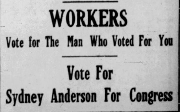 Print advertisement for Sydney Anderson's 1920 1st CD general election campaign (partial advertisement captured).