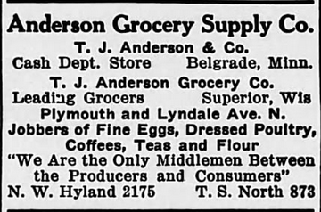 Print advertisement for T.J. Anderson's grocery store in Belgrade, Minnesota.
